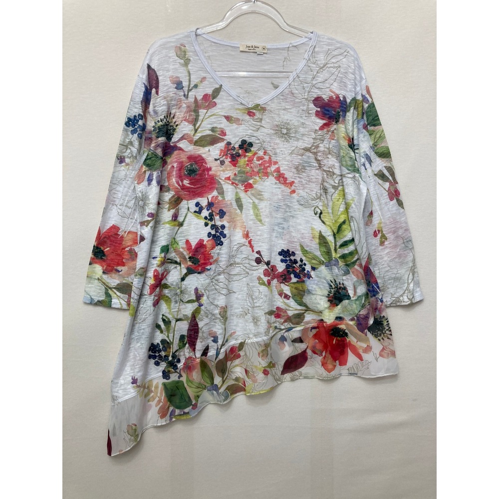 Jess & Jane Tunic Top XL White Floral Asymmetrical Stretch Knit Art to Wear